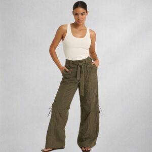 Svetlana Womens Pants 16 Olive Crinkle Cargo Zip Side Adjustable Hem Wide Leg